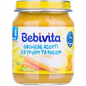 Пюре мясо-овощное детское BEBIVITA (Бебивита) Овощное ассорти с цыпленком и рисом с 4-х месяцев 125г
