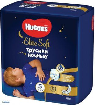 Підгузки-трусики Huggies Elite Soft, нічні, розмір 5, 12-17 кг, 17 штук