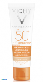 Крем Vichy Ideal Soleil сонцезахисний, проти пігментних плям 3в1, тонуючий ефект, SPF 50+, 50 мл