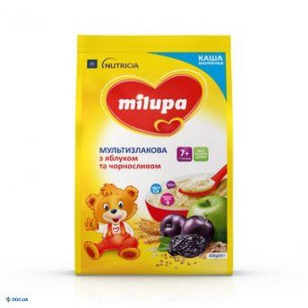 Суха молочна каша Milupa швидкорозчинна мультизлакова з яблуком і чорносливом для дітей з 7 місяців, 210 г