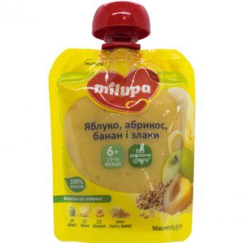 Пюре фруктовое Milupa Яблоко, Абрикос, Банан и злаки с 6 месяцев, 80 г
