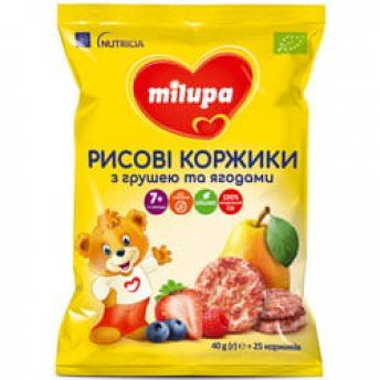Рисові коржики Milupa з грушею та ягодами від 7 місяців, 40 г (25 штук)